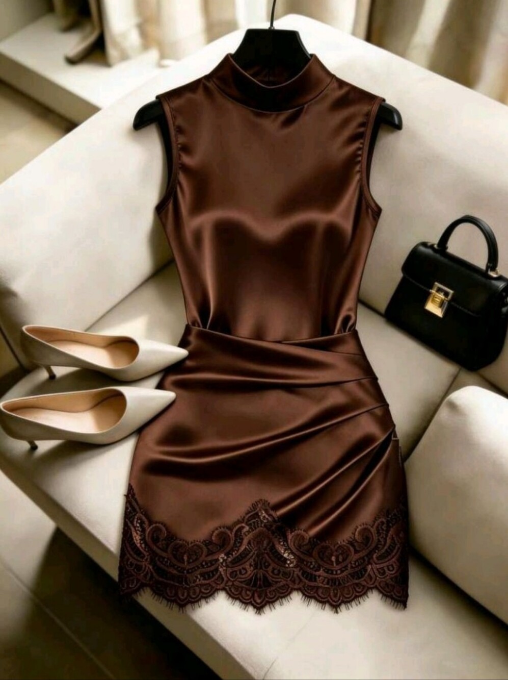 Women's Satin High Neck Sleeveless Pleated Lace Trim Bodycon Dress, Coffee